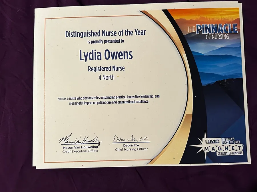 Distinguished Nurse of the Year certificate presented to Lydia Owens, Registered Nurse, 4 North, by University Medical Center of Southern Nevada 2025.
