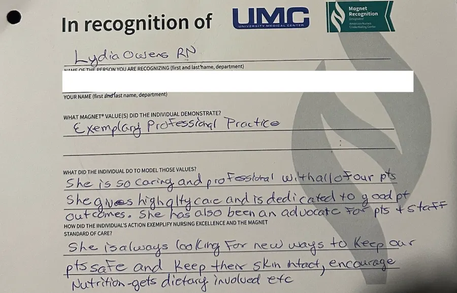 Handwritten UMC Magnet recognition card nominating Lydia Owens, RN, for Exemplary Professional Practice. The nominating colleague’s name is redacted.