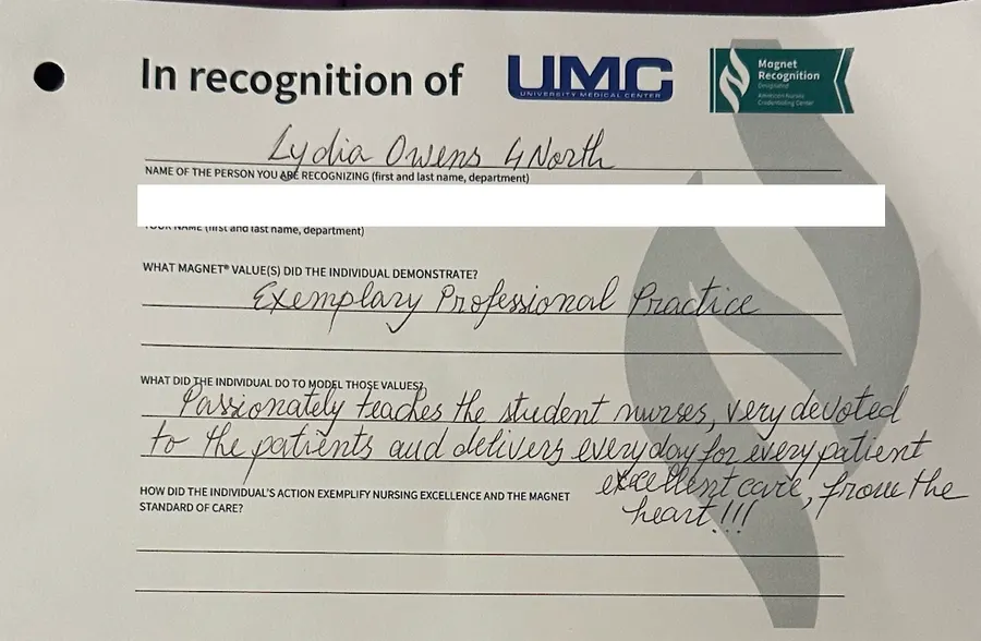 Handwritten UMC Magnet recognition card nominating Lydia Owens of 4 North for Exemplary Professional Practice. The nominating colleague’s name is redacted.